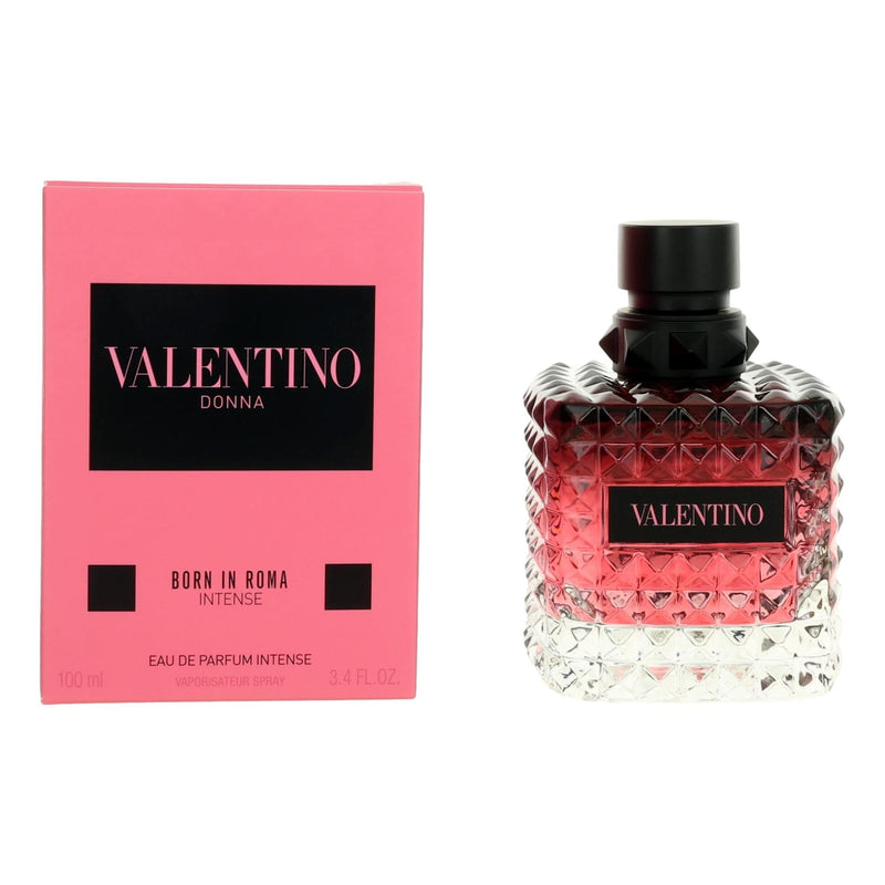 Valentino Donna Born in Roma Intense 3.4oz EDP spray bottle for women, elegant perfume with gold accents and floral design.