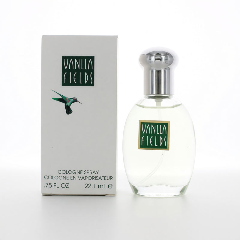 Coty Vanilla Fields 0.75 oz women's cologne spray bottle with clear packaging and vanilla-scented fragrance label.