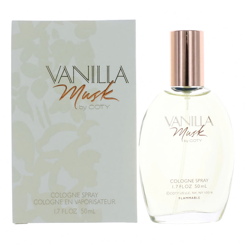 Coty Vanilla Musk 1.7 oz women's cologne spray bottle with elegant packaging, featuring the vanilla and musk fragrance.