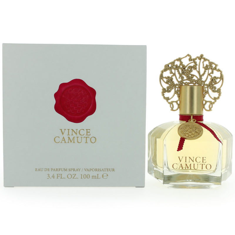 Vince Camuto women's 3.4 oz EDP spray bottle with elegant design, showcasing the floral fragrance packaging.