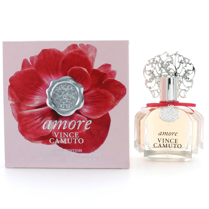 Vince Camuto Amore 3.4 oz women's Eau de Parfum spray bottle with elegant packaging and floral fragrance design.
