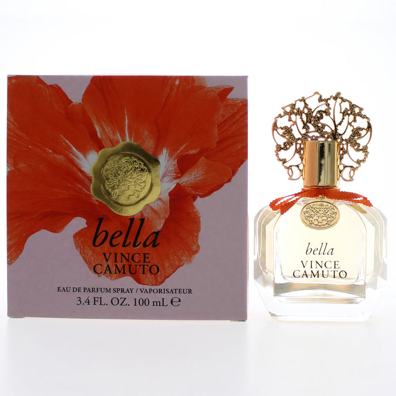 Vince Camuto Bella women’s 3.4 oz Eau de Parfum spray, elegant bottle, showcasing the floral and fruity fragrance.