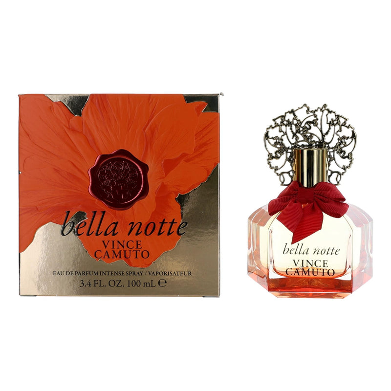 Vince Camuto Bella Notte 3.4 oz EDP Intense Spray for Women, elegant perfume bottle with floral design.