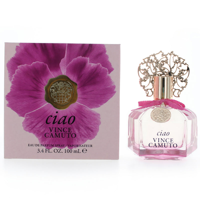 Vince Camuto Ciao women’s 3.4 oz EDP spray bottle, elegant perfume with floral and fruity notes, in a sleek, modern design