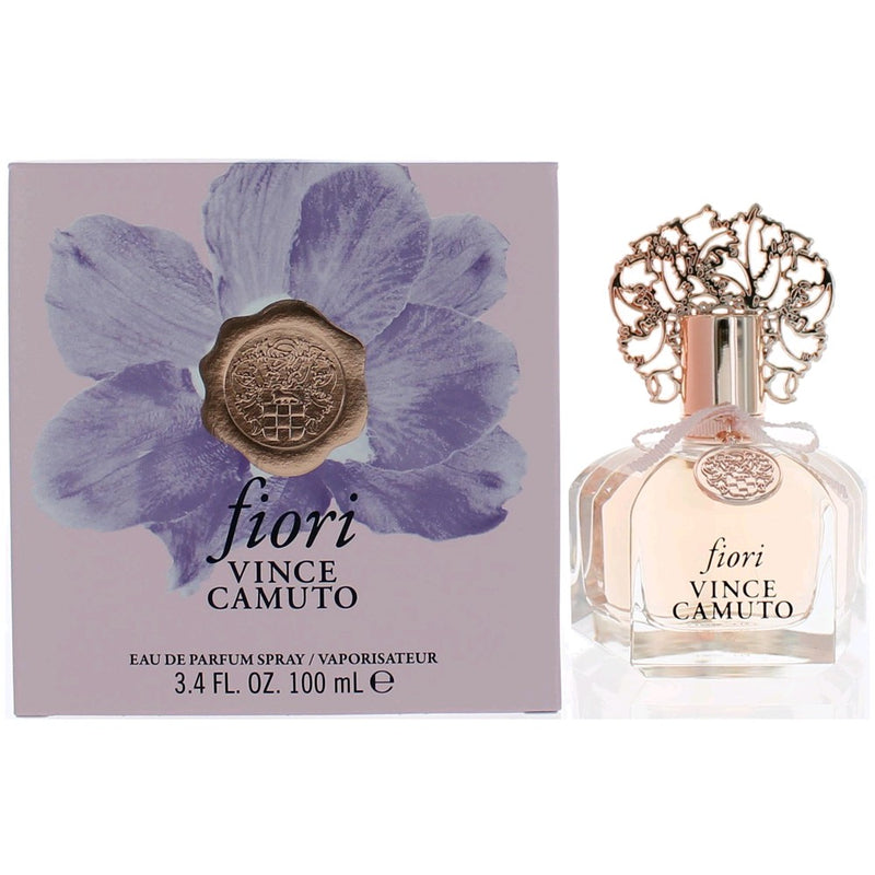 Vince Camuto Fiori 3.4 oz women's EDP spray bottle, elegant floral perfume packaging on a white background.