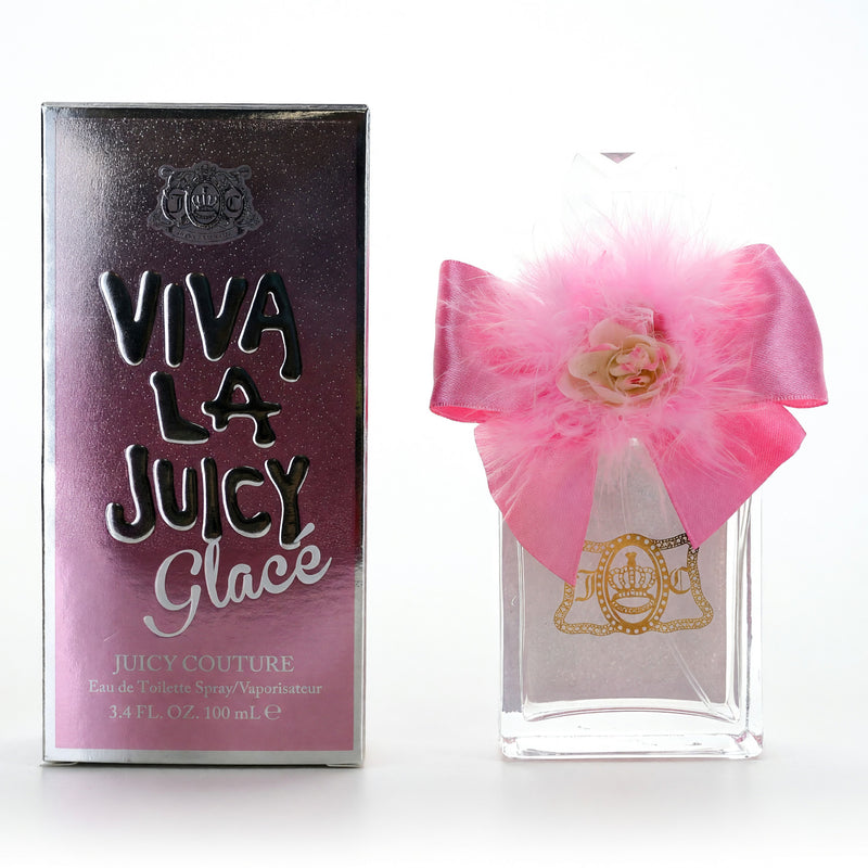 Juicy Couture Viva La Juicy Glace 3.4 oz EDT spray for women with a sleek bottle and elegant design.