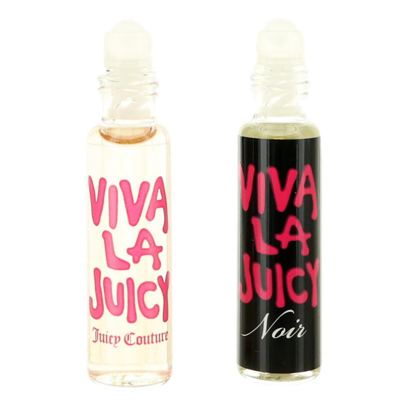 Juicy Couture Viva la Juicy Duo with two .34oz rollerball perfumes for women, featuring colorful packaging and elegant design.