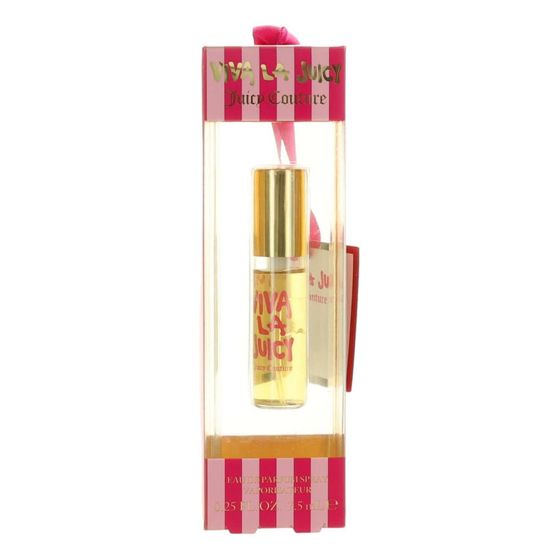 Viva la Juicy by Juicy Couture 0.25 oz Eau de Parfum spray for women, featuring the iconic bottle with pink cap and decorative packaging.