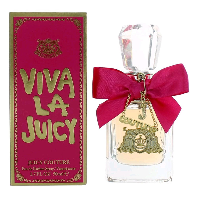 Viva La Juicy by Juicy Couture 1.7 oz Eau de Parfum spray for women, with a decorative floral bottle design.