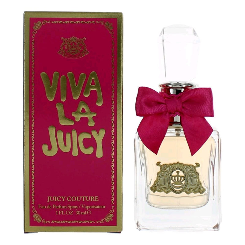 Viva La Juicy by Juicy Couture 1 oz Eau de Parfum spray for women, elegant glass bottle with gold cap and floral design.
