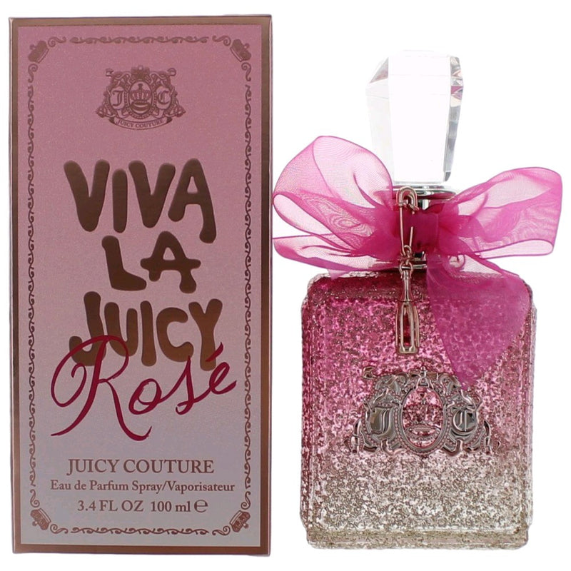 Juicy Couture Viva La Juicy Rose 3.4 oz EDP spray for women, elegant bottle with pink accents and floral design.