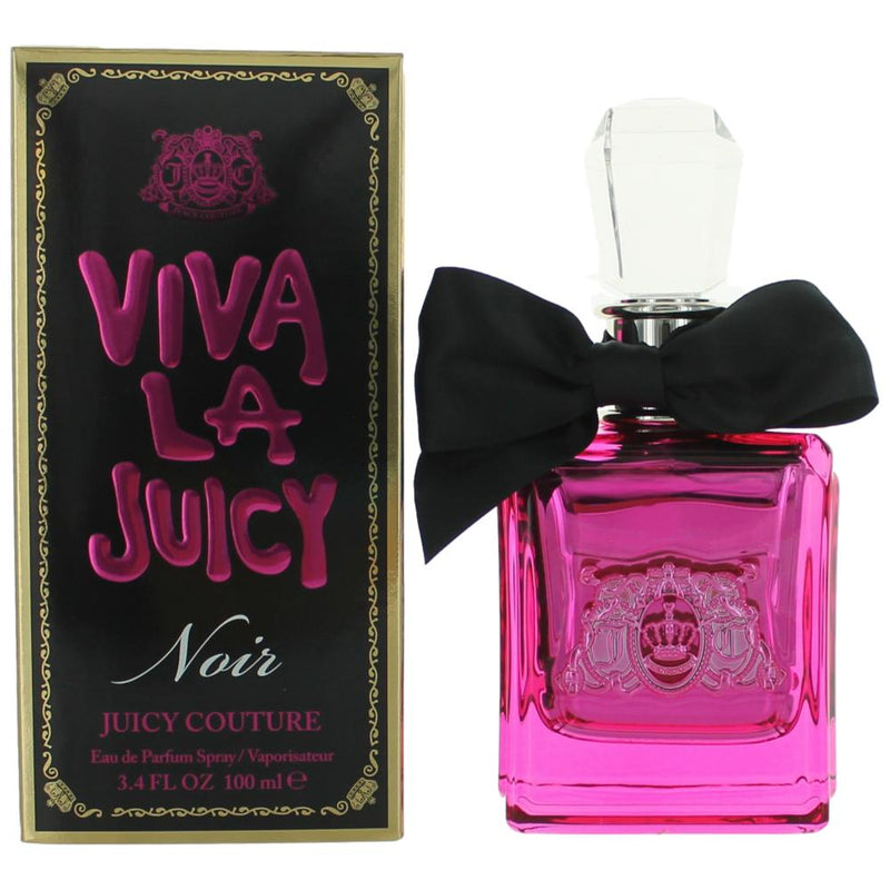 Viva La Juicy Noir by Juicy Couture 3.4 oz EDP spray bottle for women with elegant packaging and floral accents.