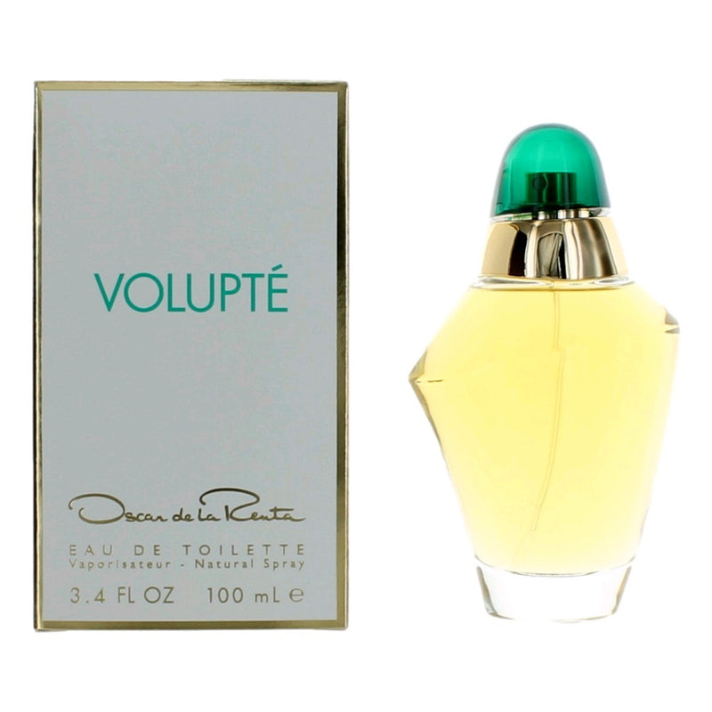 Oscar De La Renta Volupte 3.3 oz EDT spray for women, elegant perfume bottle with a sleek design and floral accents.
