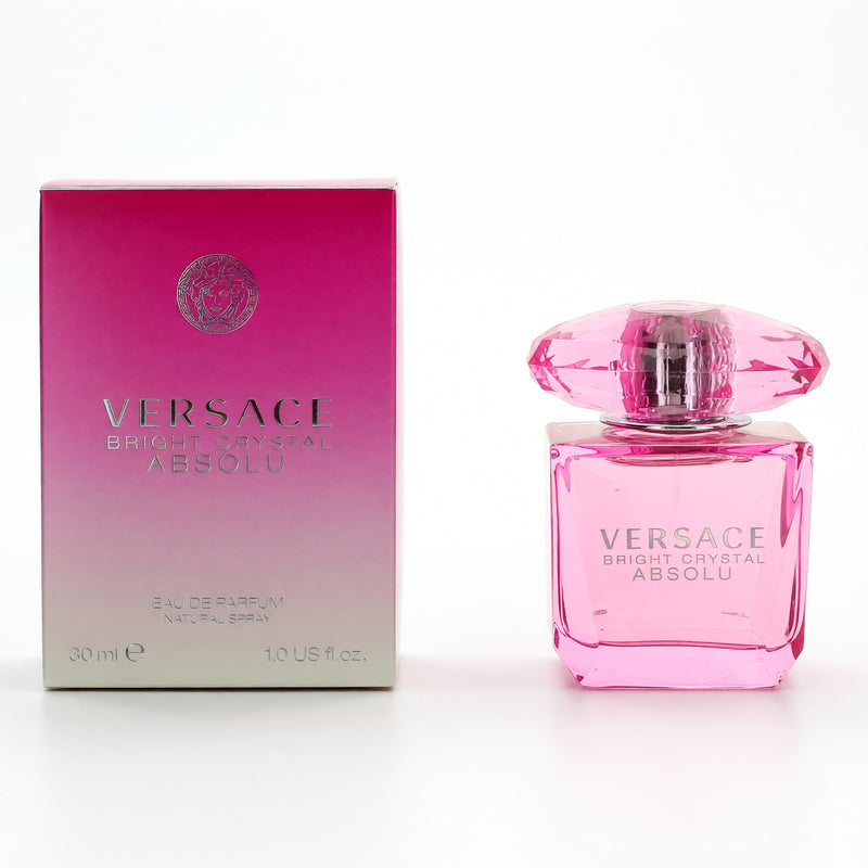 Versace Bright Crystal Absolu 1 oz women’s Eau de Parfum spray with clear glass bottle and silver cap, elegant floral fragrance.