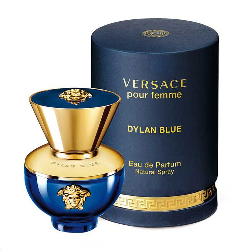 Versace Pour Femme Dylan Blue 3.4 oz EDP spray for women, featuring the iconic bottle design and fragrance profile.