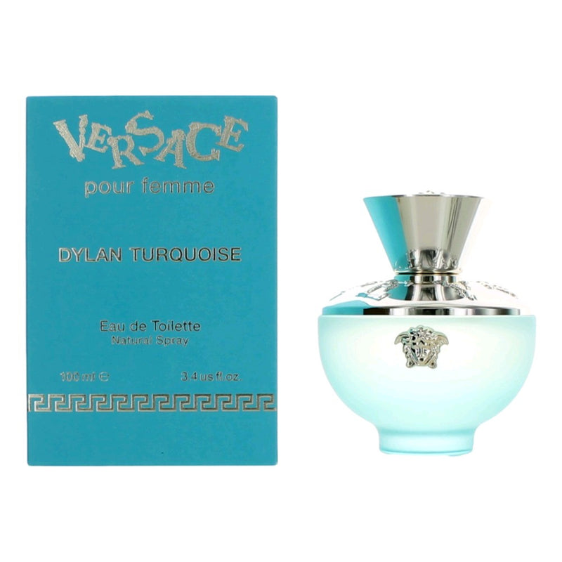 Versace Dylan Turquoise women’s 3.4 oz EDT spray bottle, sleek design with turquoise accents, for a fresh, vibrant fragrance.