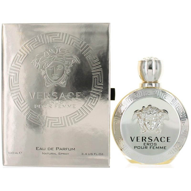 Eros Pour Femme by Versace 3.4 oz Eau de Parfum spray for women, featuring the elegant perfume bottle.