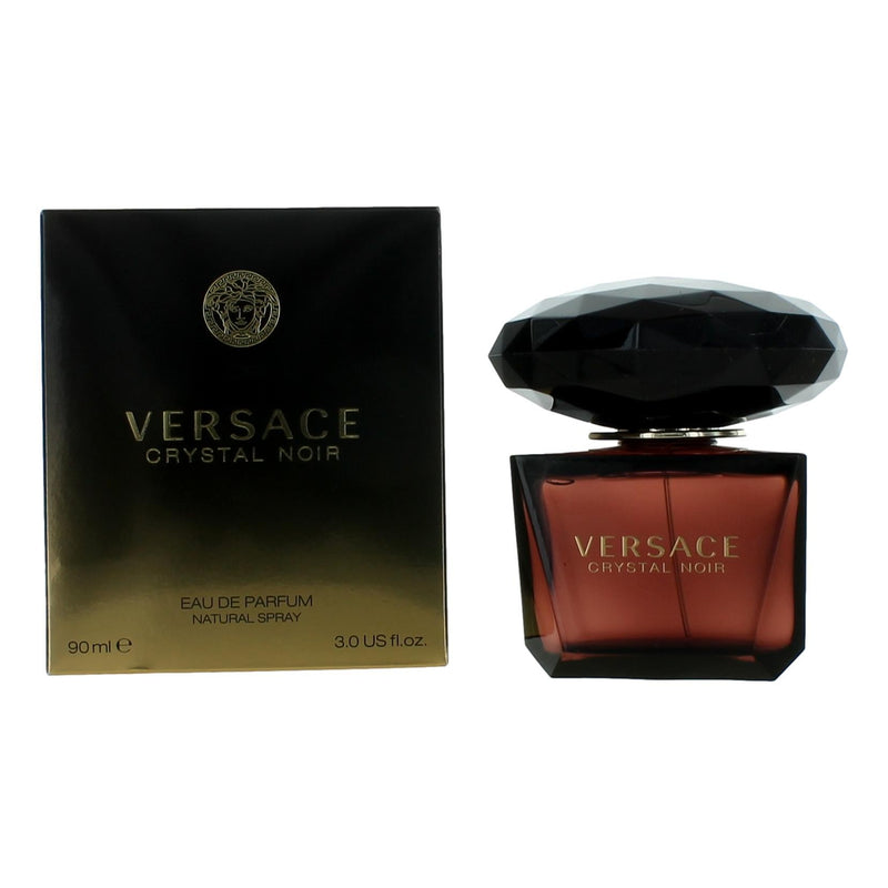 Versace Crystal Noir 3 oz women's Eau de Parfum spray featuring elegant glass bottle and black cap, luxurious floral fragrance.