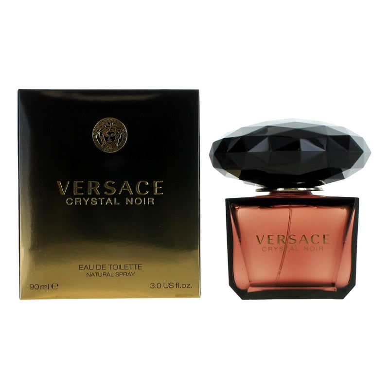 Versace Crystal Noir 3 oz women’s EDT spray featuring a sleek glass bottle with a black cap and elegant design.