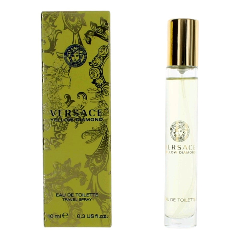 Versace Yellow Diamond women's 0.3 oz EDT spray bottle with yellow and gold packaging, elegant and luxurious fragrance design.