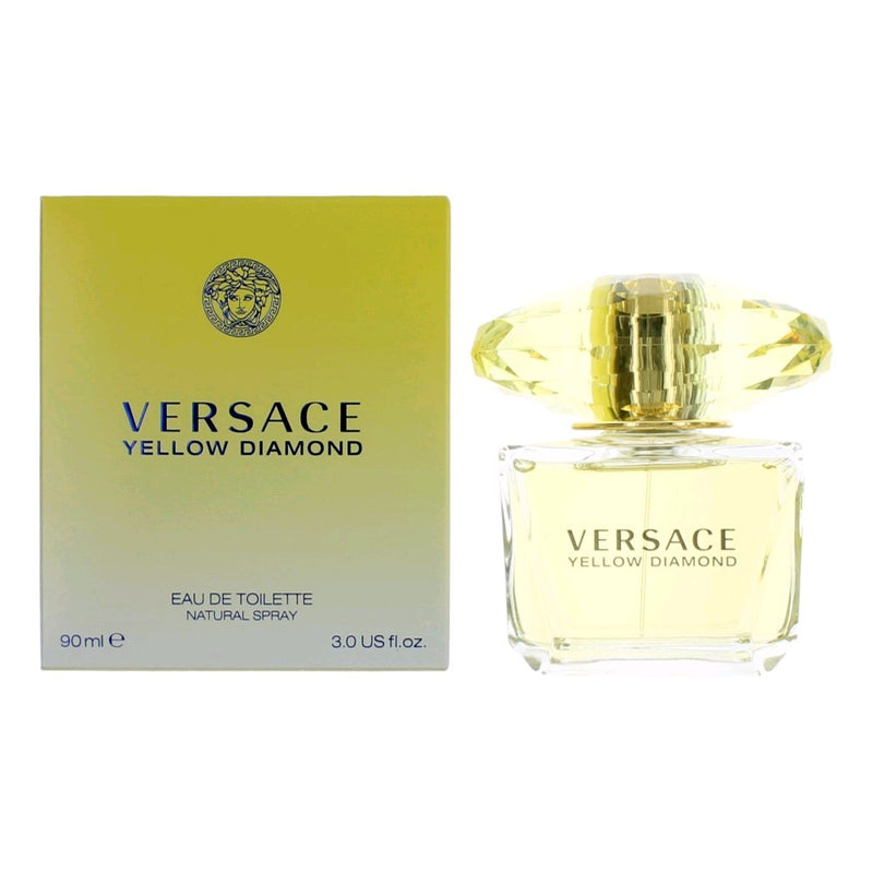 Versace Yellow Diamond 3 oz women’s EDT spray bottle with yellow and gold accents, elegant design, and floral scent theme.