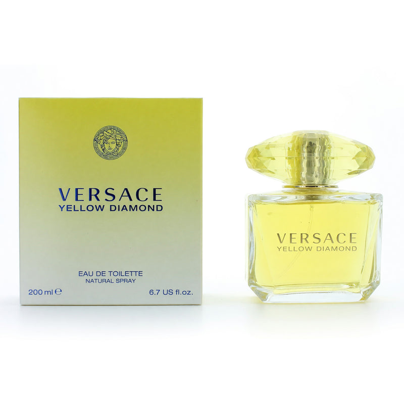 Versace Yellow Diamond 6.7 oz women's EDT spray bottle with yellow and gold design, showcasing the luxurious fragrance.
