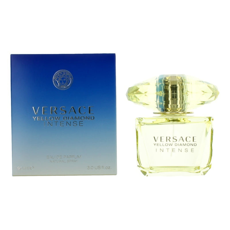Versace Yellow Diamond Intense 3 oz women's EDP spray bottle with a yellow and gold design, elegant and luxurious fragrance packaging.