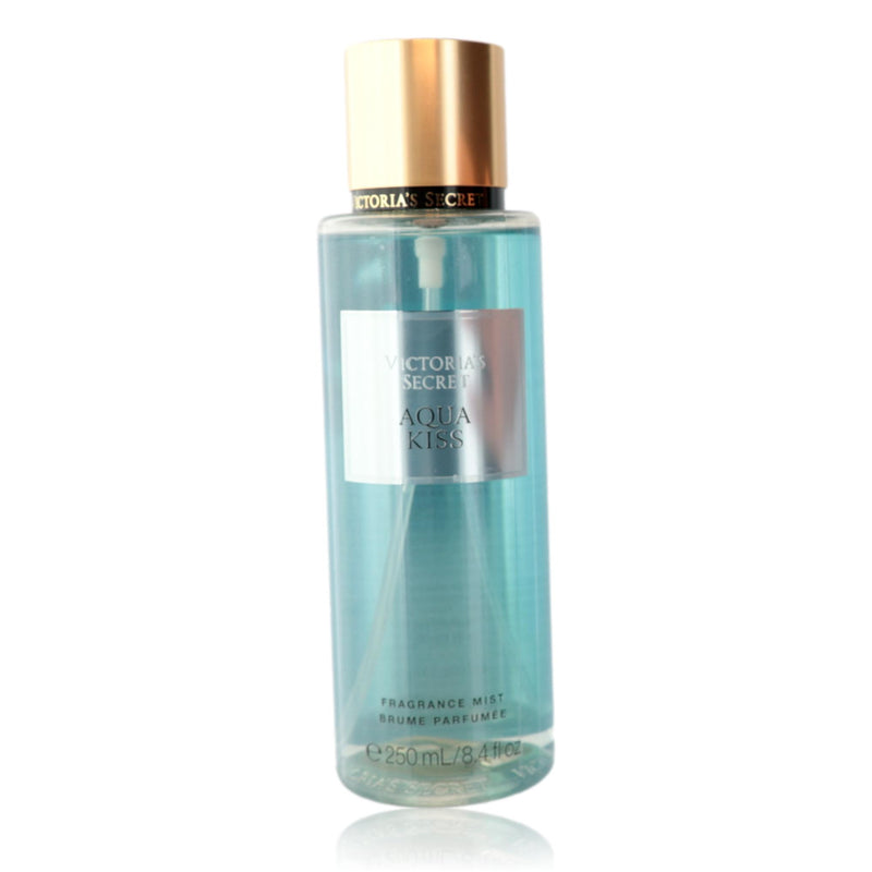 Victoria's Secret Aqua Kiss 8.4 oz body mist bottle for women with a sleek, transparent design and aqua-colored accents.