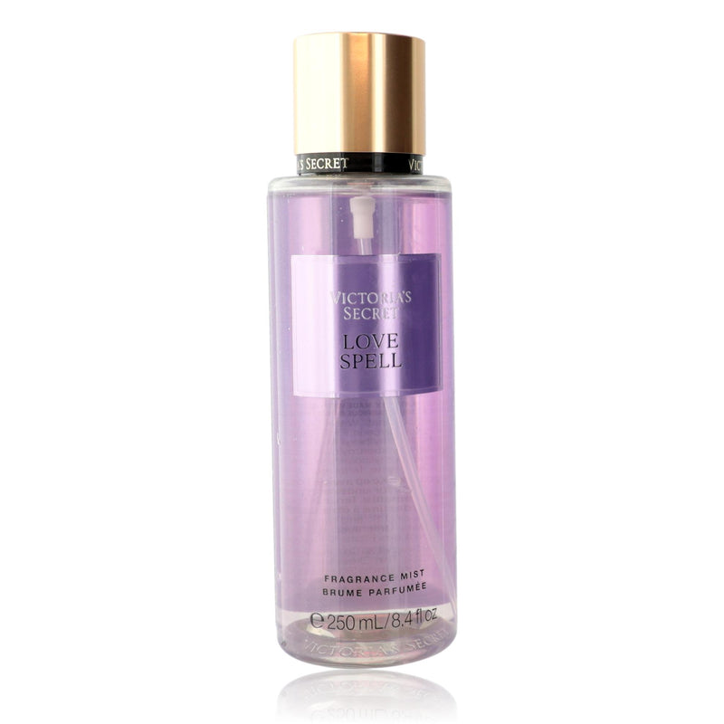 Victoria's Secret Love Spell fragrance mist for women, 8.4 oz bottle with floral and fruity scent, displayed in the image.