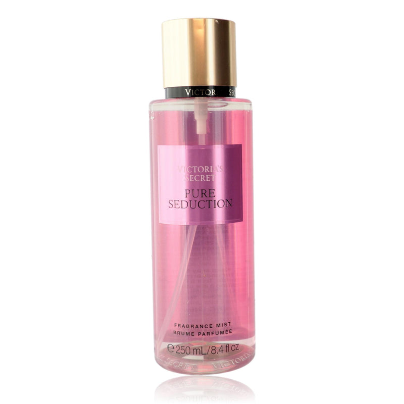 Victoria's Secret Pure Seduction fragrance mist for women, 8.4 oz bottle with pink and purple floral design.