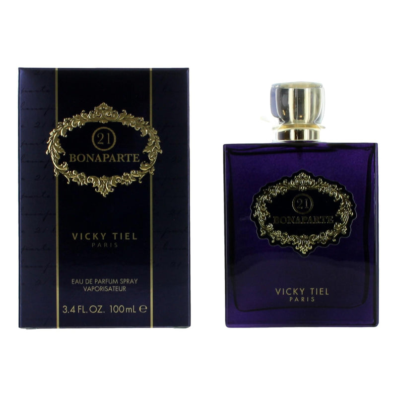 Vicky Tiel 21 Bonaparte 3.4 oz EDP spray for women, elegant perfume bottle with floral design and gold accents.
