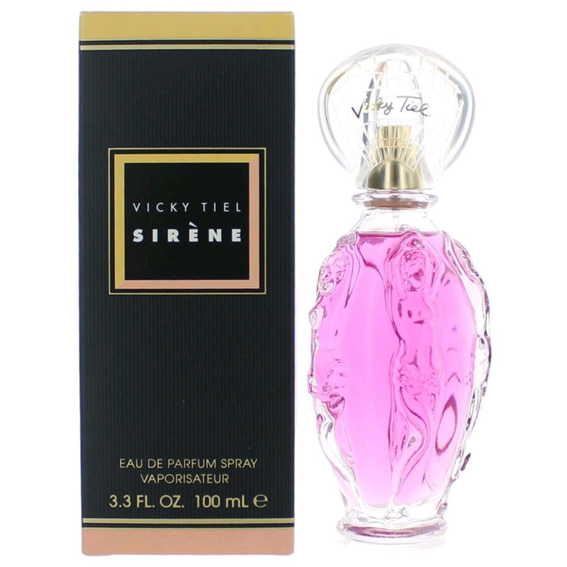 Vicky Tiel Sirene 3.3 oz women's EDP spray bottle with elegant packaging and floral design.