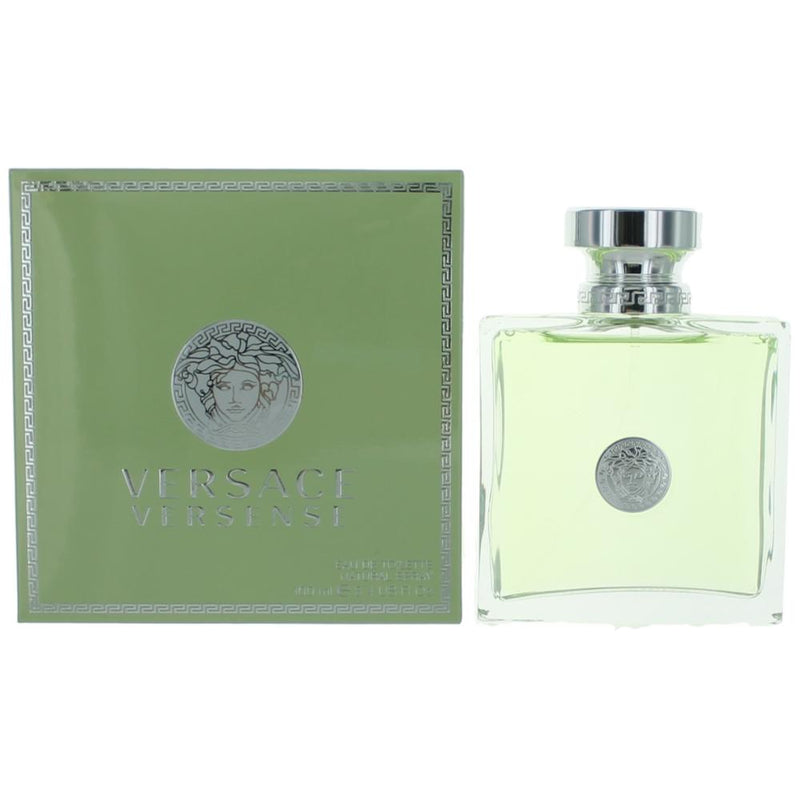 Versace Versense 3.4 oz women’s EDT spray bottle with sleek design and clear label, showcasing the luxury fragrance packaging.