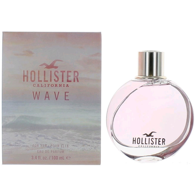 Hollister Wave 3.4 oz women’s EDP spray bottle with a sleek, modern design.