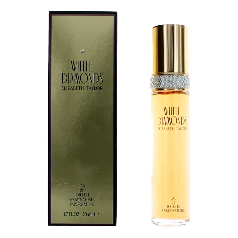 Elizabeth Taylor White Diamonds 1.7 oz EDT spray for women, featuring a classic glass bottle with a silver cap and elegant design.