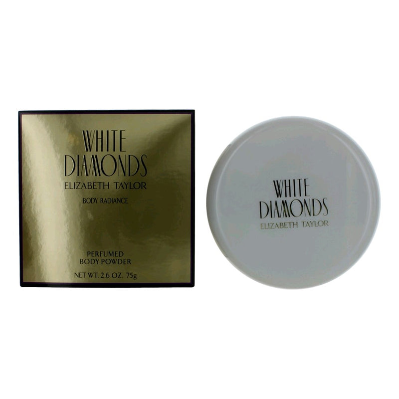 White Diamonds by Elizabeth Taylor 2.6oz perfumed body powder for women, featuring a soft white powder with elegant packaging.