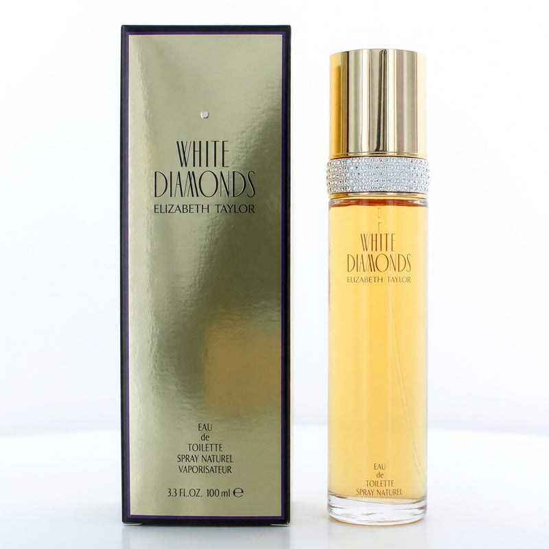 White Diamonds by Elizabeth Taylor 3.3 oz EDT spray for women, elegant glass bottle with a white floral design