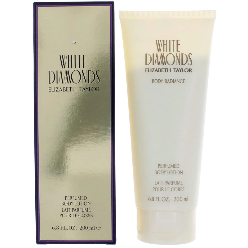 White Diamonds by Elizabeth Taylor perfumed body lotion for women, 6.8oz bottle with elegant packaging and white and gold design.