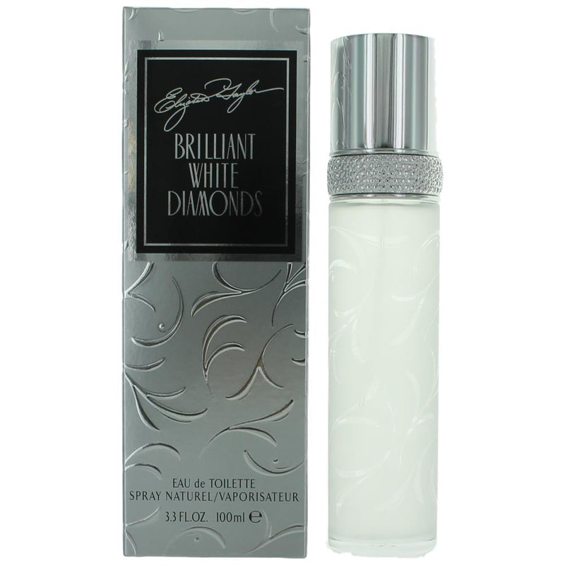 Elizabeth Taylor Brilliant White Diamonds women’s 3.4oz EDT spray bottle, elegant perfume with a clear glass design.