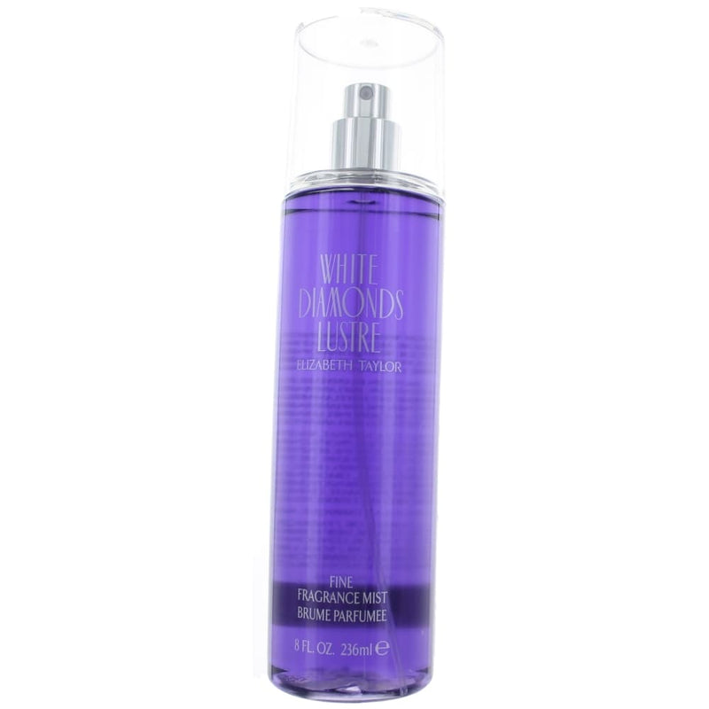 Elizabeth Taylor White Diamonds Lustre 8 oz body mist for women, featuring a sleek bottle and elegant packaging.