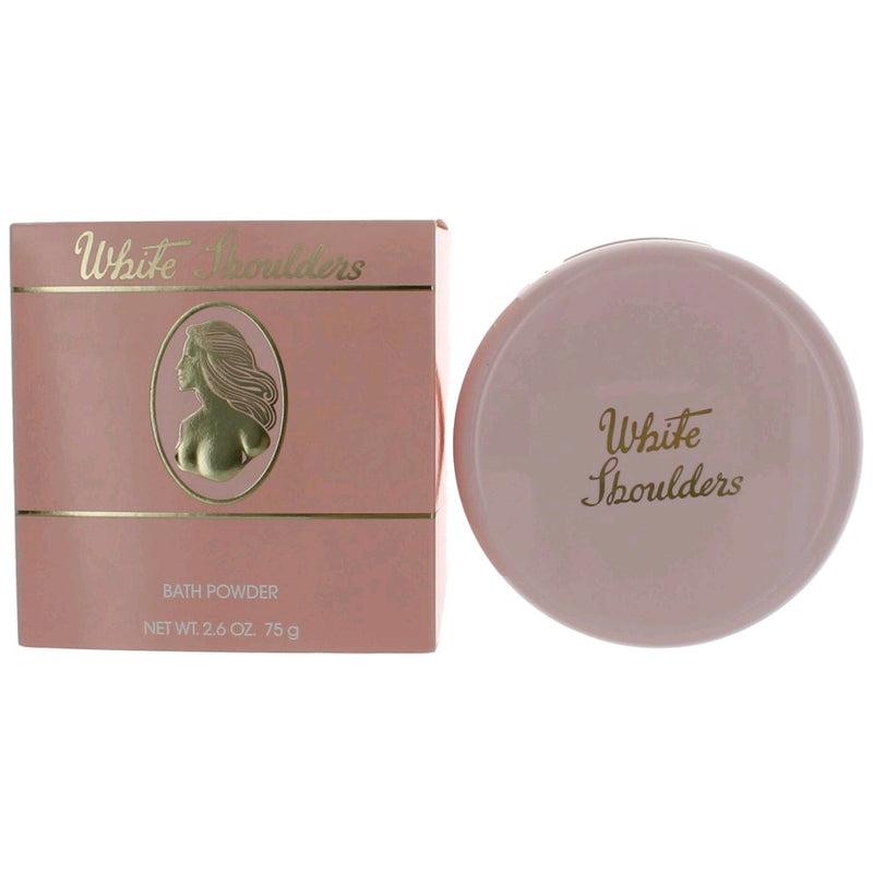 White Shoulders bath powder by Parfums International in a 2.6 oz container, featuring white packaging and a smooth powder texture.