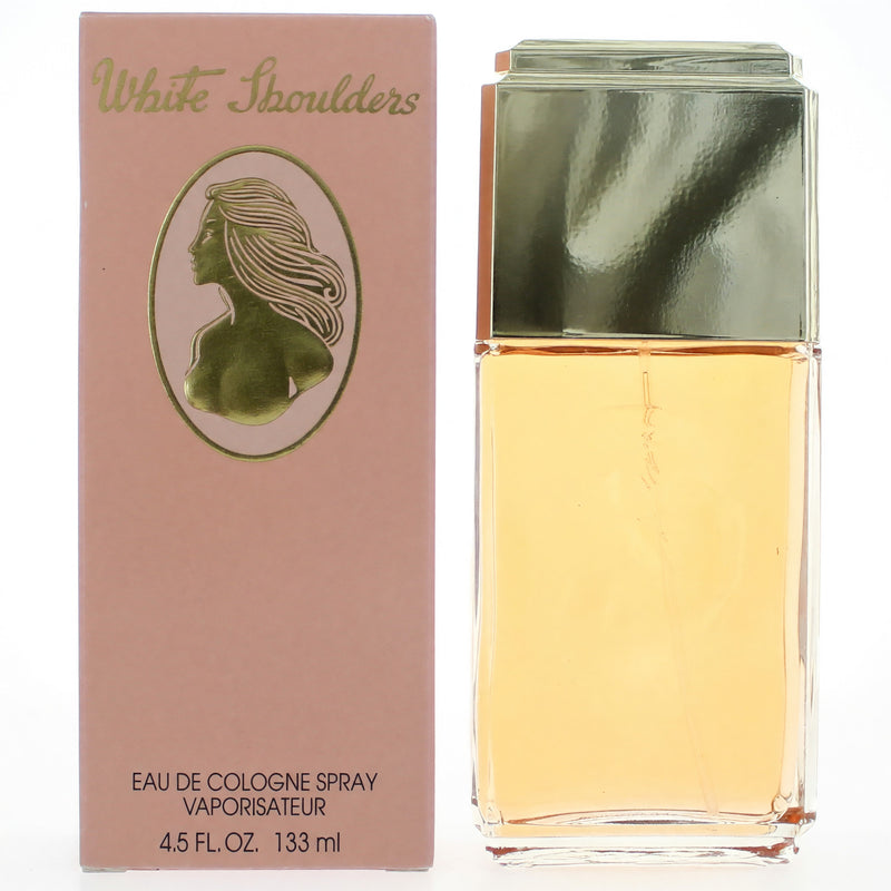 White Shoulders by Parfums International 4.5oz Eau de Cologne spray for women, featuring a sleek white bottle and elegant design.