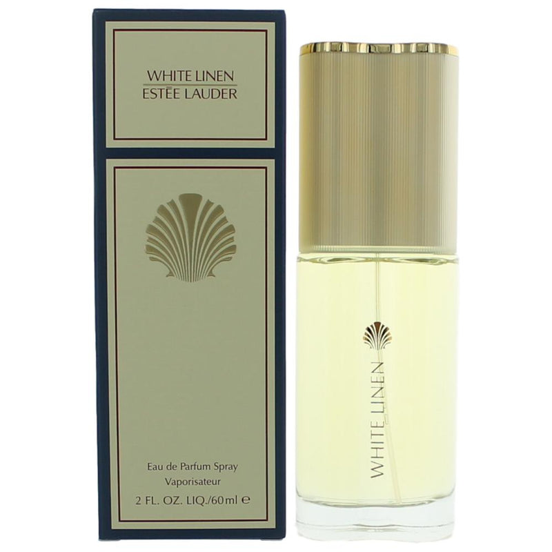 White Linen by Estee Lauder 2 oz EDP spray for women, elegant white bottle with gold accents, on a neutral background.