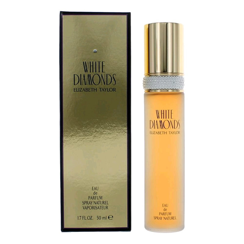 White Diamonds by Elizabeth Taylor 1.7 oz EDP spray for women, elegant bottle with a clear glass design and white floral accents.
