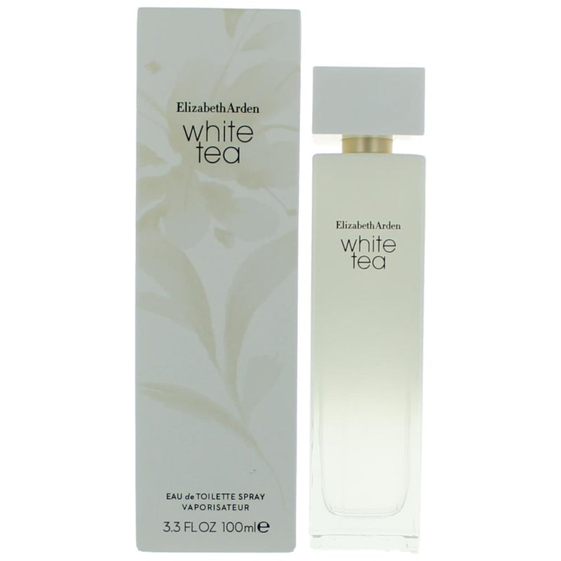 Elizabeth Arden White Tea 3.3 oz women’s EDT spray, clear glass bottle with white cap, showcasing the elegant fragrance packaging.