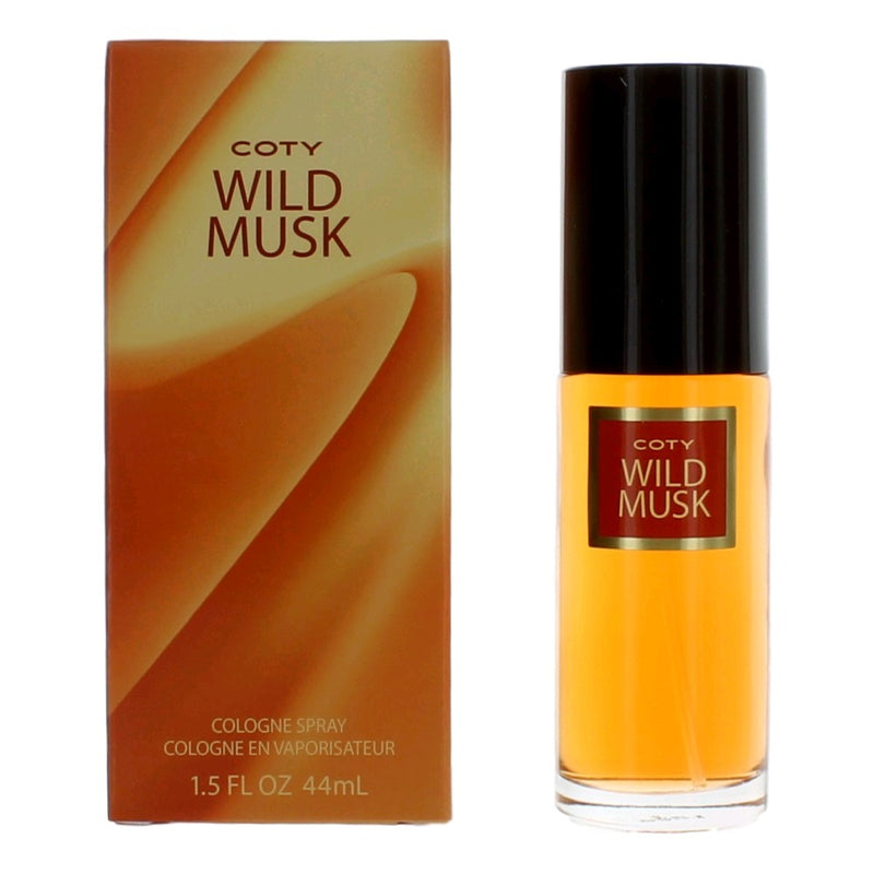 Coty Wild Musk perfume 1.5 oz cologne spray for women, sleek bottle with gold accents and clear glass showcasing the fragrance