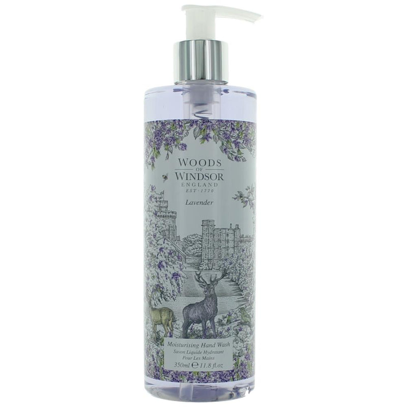 Woods of Windsor Lavender hand wash bottle with floral label, 11.8 oz, for women's personal care and gentle cleansing.