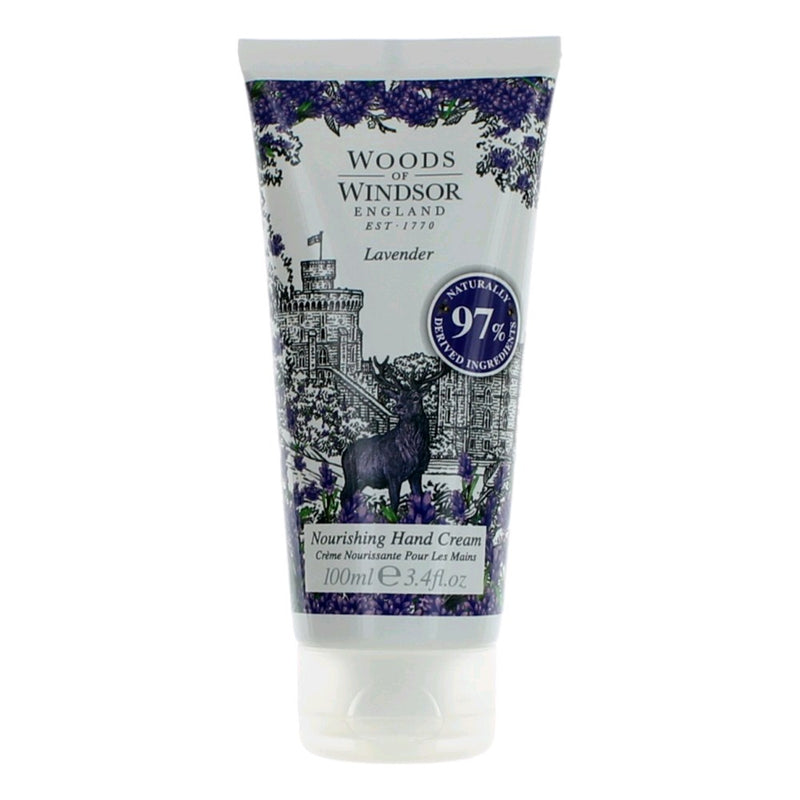 Woods of Windsor Lavender nourishing hand cream in 3.4oz tube, featuring lavender scent and moisturizing formula for women.