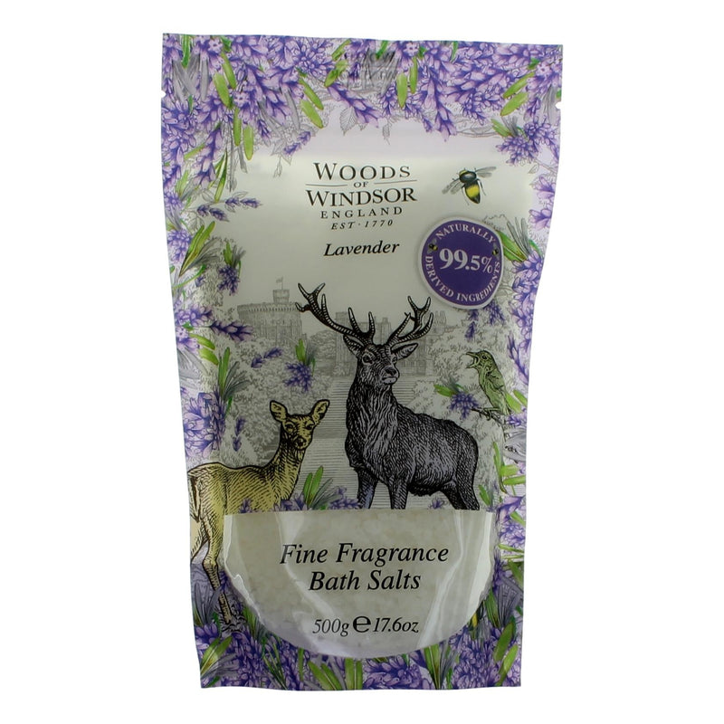 Woods Of Windsor Lavender bath salts in a 17.6oz container, featuring lavender scent and natural, relaxing bath product for women.