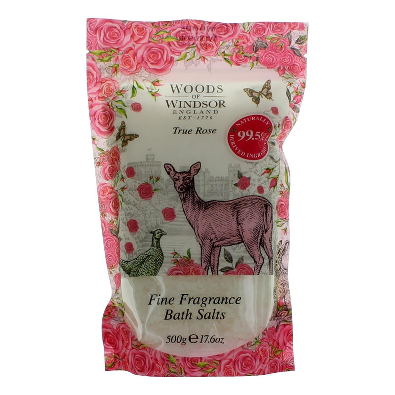 Woods of Windsor True Rose bath salts in a 17.6oz jar, featuring fragrant rose scent and natural ingredients for relaxing bath experience.